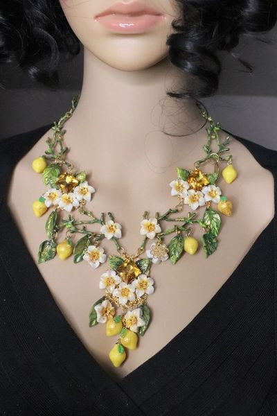 SOLD! 4869 Set Of Baroque Sicilian Lemon Fruit Hand Painted Statement Necklace+ Earrings