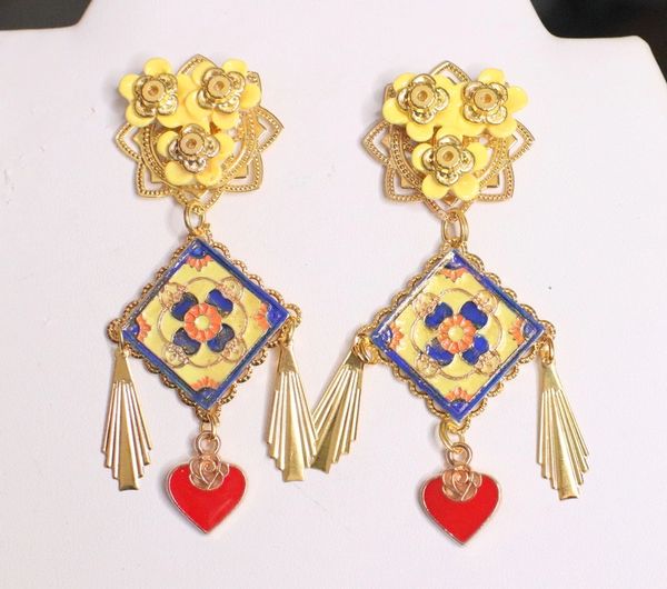 SOLD! 4892 Baroque Runway Sicilian Enamel Tile Heart Earrings
