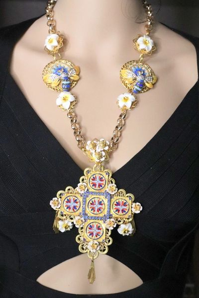 SOLD! 4893 Baroque Runway Sicilian Enamel Tile Huge Cross Necklace