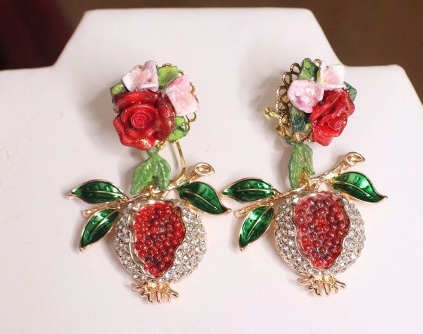 SOLD! 4896 Baroque Runway Enamel Pomegranate Roses Studs Earrings