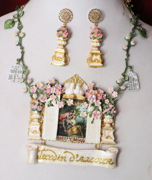 SOLD! 4899 Set Of Rococo Paintings4 Seasons Jardin Hand Painted Massive Statement Necklace+ Earrings