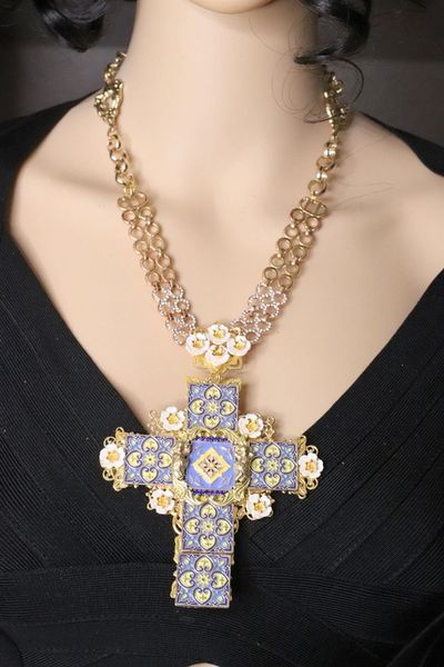 SOLD! 4918 Baroque Runway Sicilian Enamel Tile Huge Cross Necklace