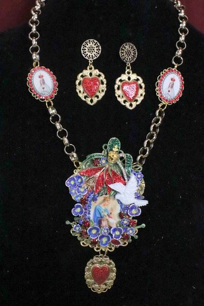 SOLD! 4919 Set Of Madonna Virgin Mary Violets Heart Necklace+ Earrings