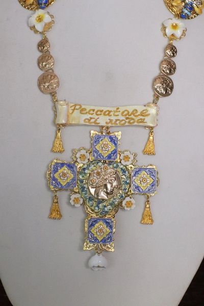 SOLD! 4920 Baroque Runway Peccatore Sicilian Enamel Tile Huge Cross Necklace