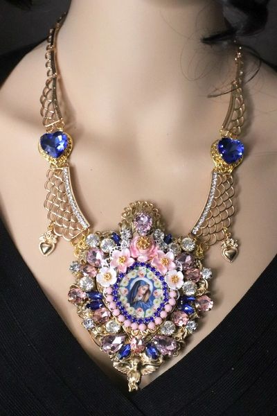 SOLD! 4921 Set Of Runway Huge Sacred Heart Madonna Virgin Mary Blue Heart Necklace+ Earrings