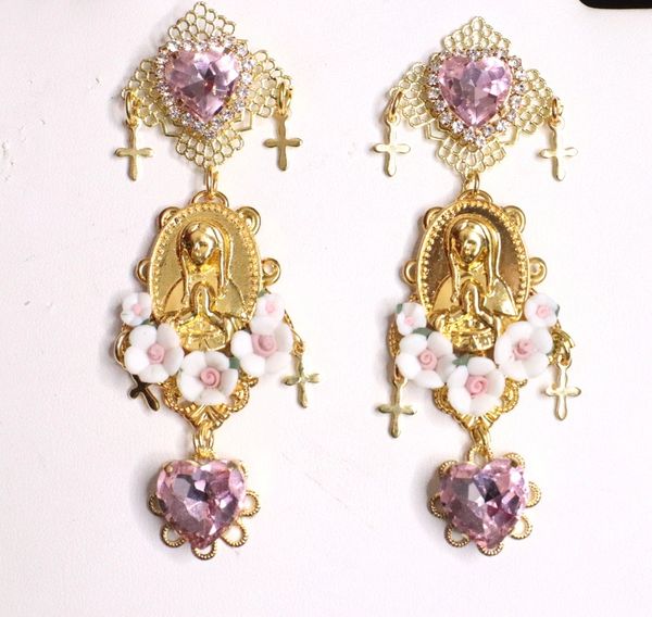 SOLD! 4923 Virgin Mary Madonna Gold Coin Pink Flower Blossom Studs Earrings