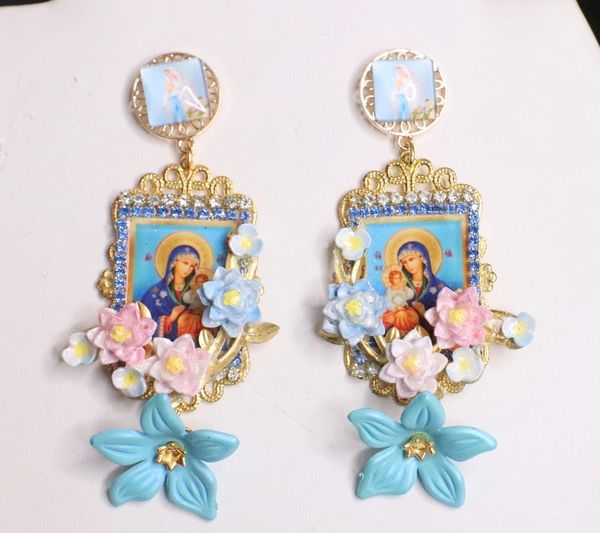 SOLD! 4924 Virgin Mary Madonna Blue Icon Studs Earrings