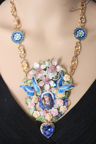 SOLD! 4925 Set Of Runway Huge Pearl Flower Madonna Virgin Mary Blue Heart Necklace+ Earrings