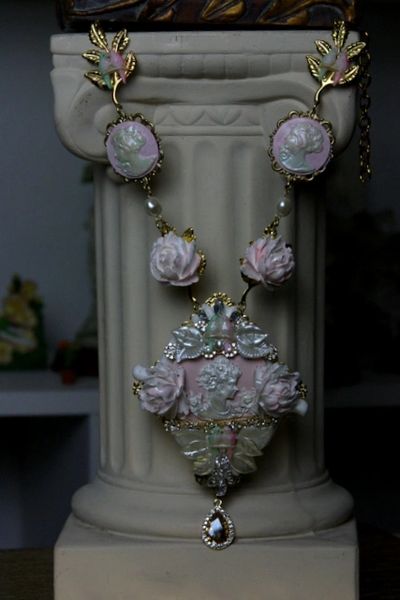 SOLD! SET608 Victorian Cameo Pearlish Pale Pink Statement Necklace
