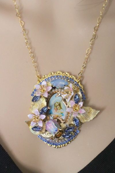 SOLD! 4937 Madonna Virgin Mary Blue Cameo Roses Necklace