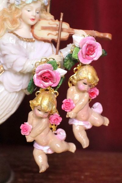 SOLD! 4952 Vivid Baroque Cherubs Holding Rose Studs Earrings
