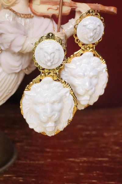 SOLD! 4954 Baroque White Pearlish Lions Massive Studs Earrings