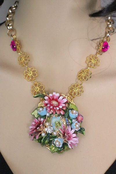 SOLD! 4965 Madonna Virgin Mary 3D Effect Hand Painted Enamel Flowers Necklace