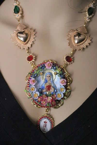 SOLD! 4966 Madonna Virgin Mary 3D Effect Hand Painted Enamel Sacred Heart Flowers Necklace
