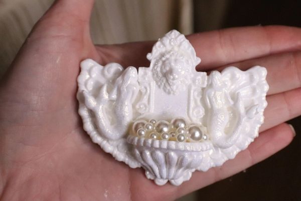 SOLD! 4977 Unusual Baroque Pearlish Lion Fountain Mermaids Pearl Massive Brooch