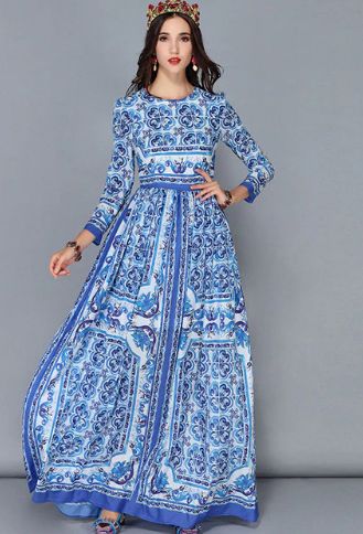 2613 Plus Sizes Designer Tile Blue Mosaic Print Maxi Dress Gown