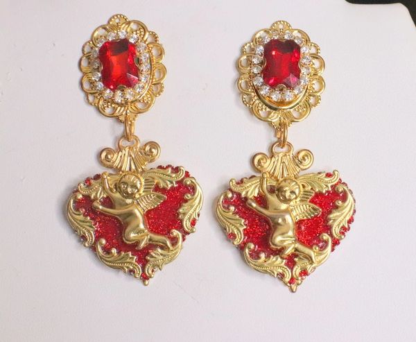 SOLD! 4987 Baroque Red Heart Gold Cherub Studs Earrings