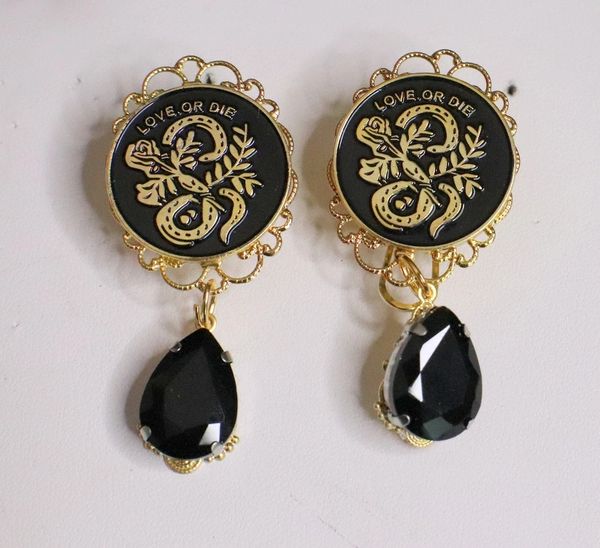 SOLD! 5015 Goth Live Or Die Enamel Carved Unusual Earrings Studs