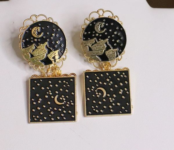 SOLD! 5016 Goth Night Moon Enamel Carved Unusual Earrings Studs