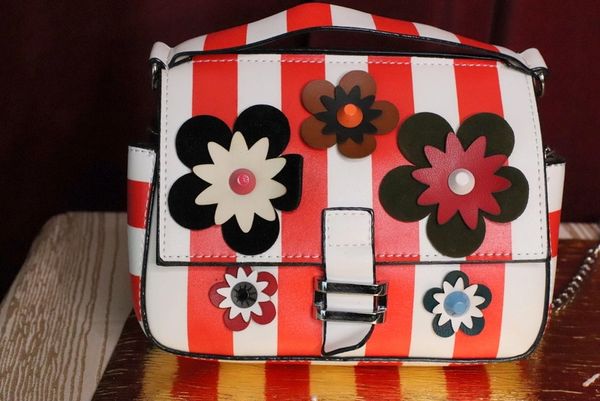 5019 Double Bag Red Striped Poppy Runway Embellished Purse Handbag Crossbody