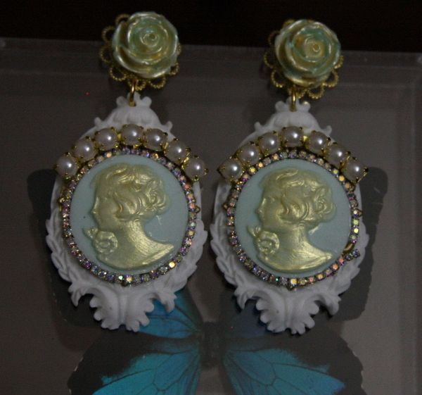 SOLD! 619 Victorian Pearl Cameo Mint Rhinestone Pearl Earrings Studs