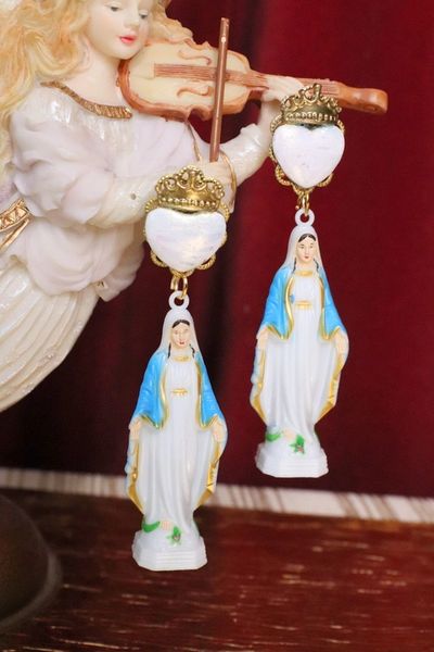 SOLD! 5036 Virgin Mary Madonna Doll 3D Sacred Heart Effect Earrings Studs
