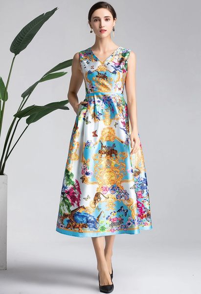 5045 Designer Jungle Baroque Print Royal Lady-like 50s Vibe Dress Size US4-6