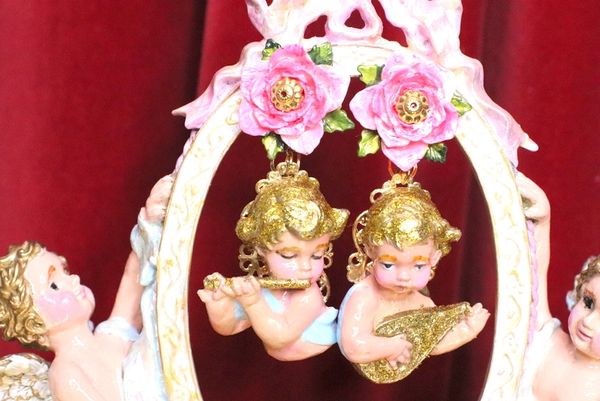 SOLD! 5048 Baroque Hand Painted Musical Gold Glitter Cherubs Angels Earrings Studs