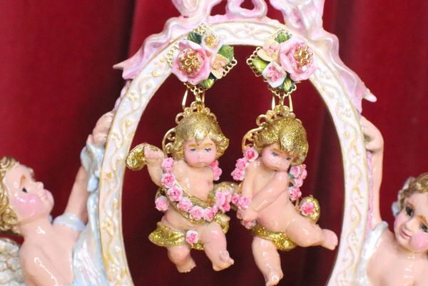 SOLD! 5049 Baroque Hand Painted Ribbon Roses Gold Glitter Cherubs Angels Earrings Studs