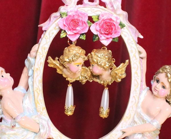 SOLD! 5050 Baroque Hand Painted Roses Cherubs Angels Earrings Studs