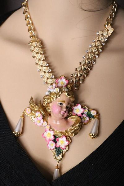 SOLD! 5052 Baroque Hand Painted Chubby Cherub Angel Necklace
