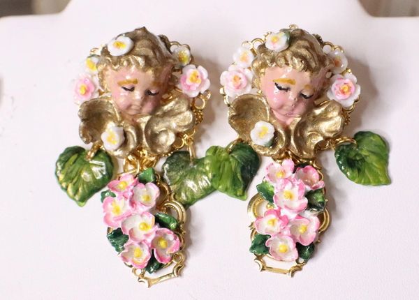 SOLD! 5060 Baroque Hand Painted Roses Sleeping Cherubs Angels Earrings Studs