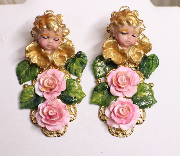 SOLD! 5061 Baroque Hand Painted Roses Sleeping Cherubs Angels Earrings Studs