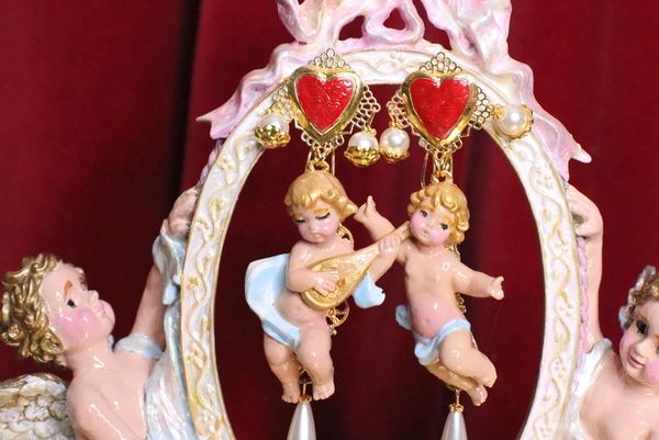 SOLD! 5062 Baroque Hand Painted Roses Musical Cherubs Angels Sacred Heart Earrings Studs
