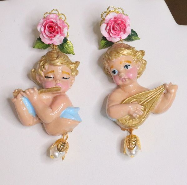 SOLD! 5063 Baroque Hand Painted Roses Musical Cherubs Angels Earrings Studs