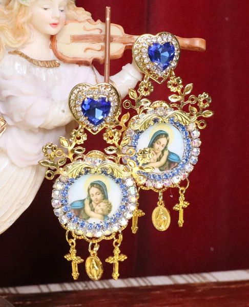 SOLD! 5064 Virgin Mary Madonna Blue Rhinestone Earrings Studs