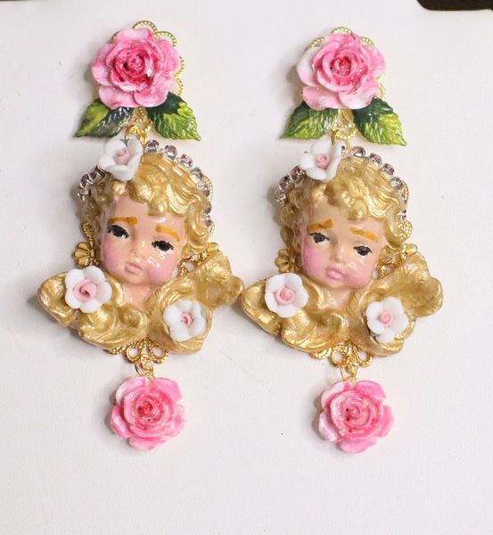 SOLD! 5074 Baroque Hand Painted Cherub Angel Roses Earrings Studs