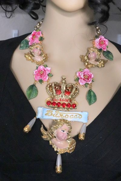 SOLD! 5075 Baroque Hand Painted Chubby Cherubs Angels Crown Roses Necklace