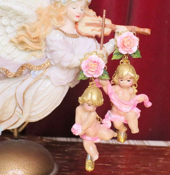 SOLD! 5088 Baroque Hand Painted Cherub Angel Irregular Roses Earrings Studs