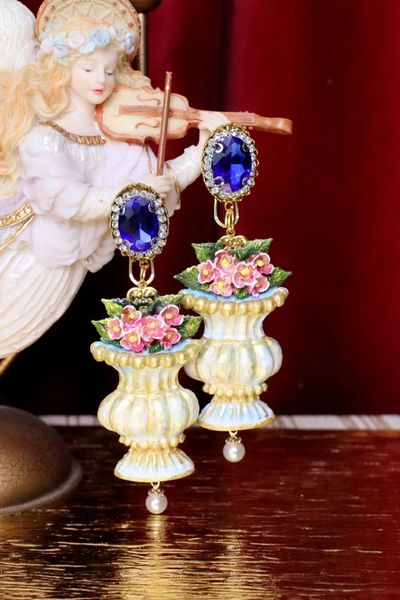 SOLD! 5097 Baroque Vase Hand Painted Flower Blue Rhinestone Earrings Studs