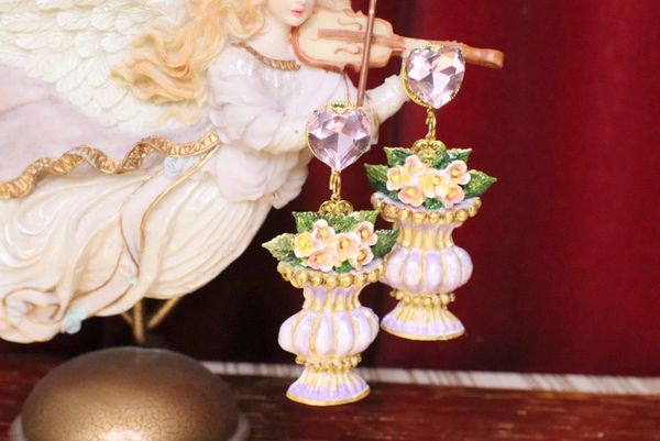 SOLD! 5098 Baroque Vase Hand Painted Flower Pink Rhinestone Earrings Studs