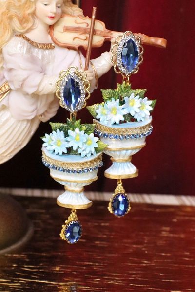 SOLD! 5111 Baroque Vase Hand Painted Flower Blue Rhinestone Earrings Studs