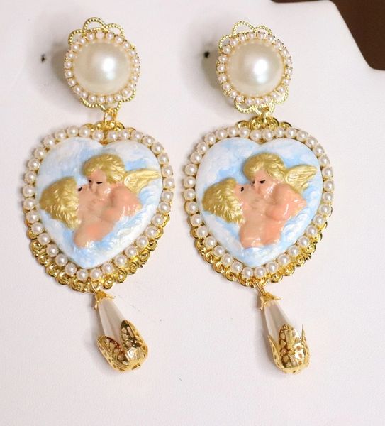 SOLD! 5112 Victorian Cupid Hand Painted Pearl Heart Earrings Studs