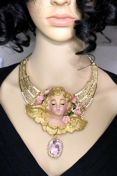 SOLD! 5115 Baroque Hand Painted Winged Huge Cherub Angel Necklace