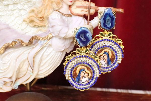 5116 Virgin Mary Madonna Blue Genuine Agate Rhinestone Earrings Studs
