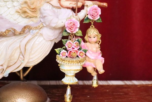 SOLD! 5128 Baroque Cherub Banner Vase Roses Hand Painted Irregular Massive Earrings Studs