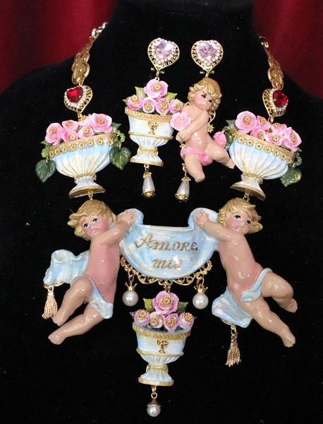 SOLD! 5129 Amore Mio Baroque Hand Painted Banner Cherubs Angels Vases Necklace