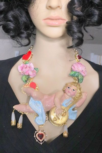 SOLD! 5130 Baroque Hand Painted Musical Cherub Angel Necklace