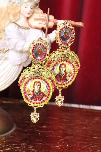 SOLD! 5153 Virgin Mary Madonna Cameo Red Rhinestone Earrings Studs