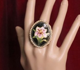 SOLD! Enamel Hand Painted Flower Pearl Cocktail Adjustable Ring